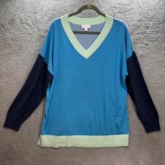 Belle by Kim Gravel Large Knitted Sweater V-Neck Color Block Casual Comfort - Picture 1 of 10